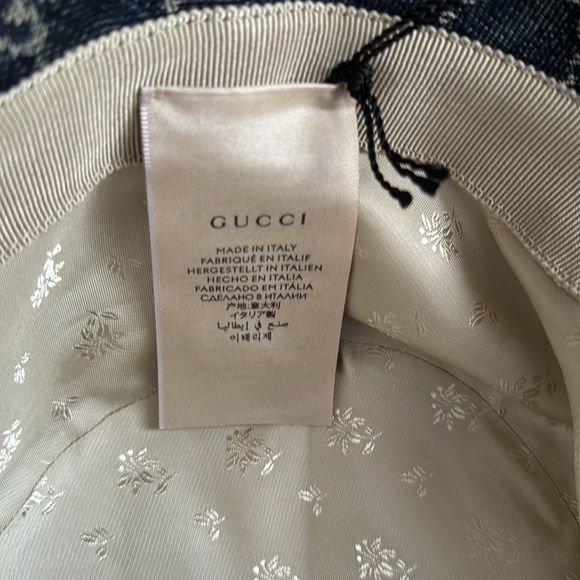 Gucci Bucket Hat Blue Denim Beige GG Monogram Logo Leather Trim Sz Med BNIB - Picture 5 of 8